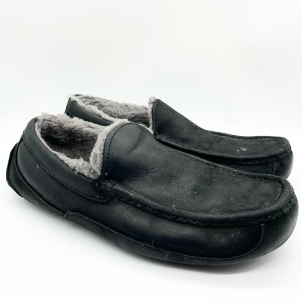 UGG Ascot Leather Shearling‎ Lined Slippers In Black Marble Size 11 Lounge Comfy